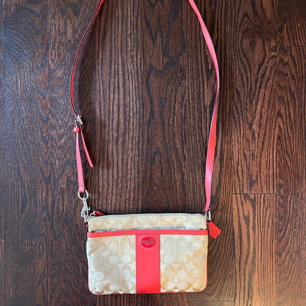 Coach Cream and Red Crossbody Bag with Signature Monogram
